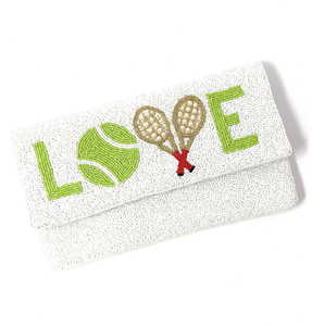 Bolso de mano blanco con cuentas hecho a mano, diseño de tenis y amor, cadena plateada ligera y desmontable - Uso para bodas/ocasiones nocturnas - Product Image 3