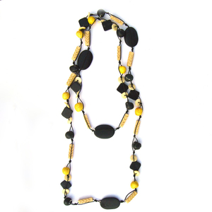 Collier géométrique en perles d'os, résine, pierre naturelle, style bohème, bijoux unisexe, couleur noir, jaune, crème, longue chaîne - Product Image 1