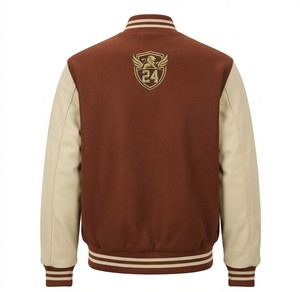 Blouson universitaire personnalisé pour homme en velours côtelé marron crème avec logo brodé sur la manche, coupe décontractée, col rabattu, idéal pour l'automne - Product Image 2