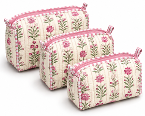 <b>Quilted</b> Floral 100% Polyester Unisex Cosmetic <b>Bag</b> Set 3 Piece Pink Stripe <b>Makeup</b> Pouch Travel Toiletry Organizer with Zippers - Product Image 1