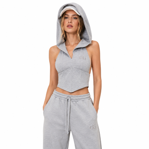 Haut court gris à capuche pour femme, style corset, col en V, dos nu, sans manches, sweat-shirt personnalisé avec logo, débardeur uni, streetwear décontracté - Product Image 5