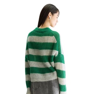 Pull en mohair rayé vert et blanc pour femme, col rond, manches longues, pull d'hiver décontracté, tricot épais - Product Image 2