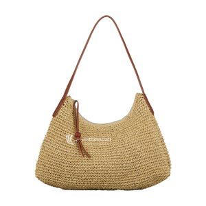 Handmade Straw Bag, Artisanal Crochet Paper Straw Tote, <b>Shoulder</b> Bag & Hobo Bag with Leather <b>Straps</b> & Ribbon Accents - Product Image 1