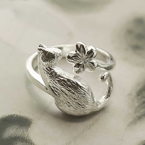 925 Sterling Silver Cat Flower <b>Adjustable</b> <b>Ring</b> Cute Animal Floral Bezel Setting Unisex Gift Open Band Wholesale Jewelry - Product Image 1