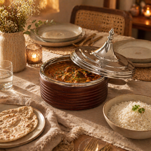 Casserole en bois personnalisée avec couvercle en acier inoxydable |   Chauffe-plat isotherme artisanal pour service et cuisson en cuisine - Product Image 3