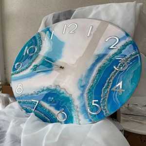 3D Blue Geode Epoxy Resin <b>Wall</b> <b>Clock</b> with Silver Mirror Numbers Luxury Agate Style Round Silent <b>Clock</b> for Living Room Art <b>Decor</b> - Product Image 1