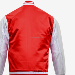 Custom <b>Men's</b> Baseball Varsity Satin <b>Jacket</b> Red <b>White</b> 100% Satin Quilted Lined Stand Collar Winter Embroidered Varsity Design - Product Image 6