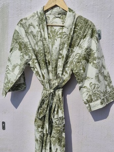 Robe Kimono Légère en Coton Imprimé Toile Vert pour Femme, Peignoir Bohème, Robe de Plage d'Été, Tenue d'Intérieur - Product Image 3