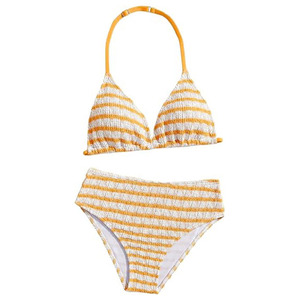 Ensemble de bikini rayé smocké sur mesure de haute qualité pour filles, maillot de bain deux pièces à bretelles croisées, tenue de plage - Product Image 2