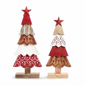 Ensemble d'arbres de Noël en bois artisanaux style art populaire, figurine d'arbre de Noël peinte à plusieurs niveaux, étoile de Noël en bois, décoration de table rustique pour les fêtes - Product Image 1