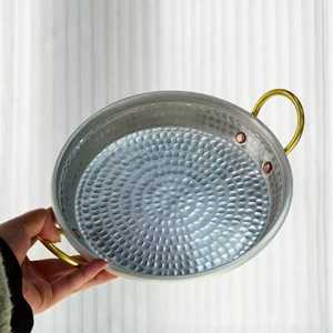 Round Metal Serving <b>Plate</b> With Hammered Texture And Gold Handles Minimalist Design Dishwasher Safe - Product Image 1