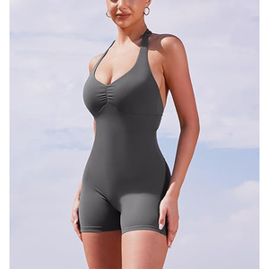 Versatile Grey Women Activewear Bodysuit Halter Neck Ruched Front and <b>Back</b> Tie Padded Bra Yoga Romper - Product Image 5