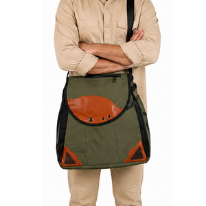 High Quality Outdoor Canvas Shoulder Bag Olive Green With Brown Leather Accents Durable Design All Seasons Use Falconry Bag - Product Image 4