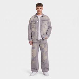 Chaqueta de mezclilla para hombre con parches desgastados, estilo oversize, corte holgado, tipo chándal, ropa exterior - Product Image 5