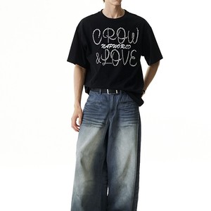 T-shirt d'été en coton épais avec lettres en strass et perles pour homme, col rond, coupe ample, manches courtes - Product Image 3