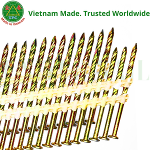 Clavos de acero ensartados de 2-3/8" x 0.113" con vástago tipo tornillo, chapados en amarillo, para enmarcado, de Vietnam. |   Clavos en tiras de plástico - Product Image 1