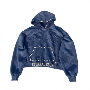 เสื้อฮู้ดดี้แบบ unisex ทรงโอเวอร์ไซส์ ครอปฟิต ซิปหน้า ประดับเพชร งานปักสไตล์สตรีทแวร์ เสื้อผ้าสำหรับฤดูใบไม้ร่วง ผ้าฝ้าย 100% เฟรนช์เทอร์รี่ - Product Image 1