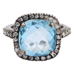 Anillo de Plata Sólida 925 con Topacio Azul Natural Facetado en Forma de Cojín, Chapado en Rodio Negro, Engaste de Garras, Joyería de Aniversario - Product Image 6