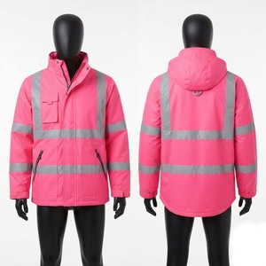 <b>Men</b> Work <b>Jacket</b> 300D Oxford Polyester 240 GSM Pink Reflective Tape Hooded <b>Utility</b> <b>Jacket</b> Custom Embroidery Workwear Safety Gear - Product Image 1
