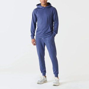 Men's Blue Hooded <b>Tracksuit</b> Full Length Solid Color Side Pockets Elastic Waist Casual Autumn Wear 100% Cotton Midweight - Product Image 1