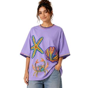 เสื้อยืดโอเวอร์ไซส์สีม่วงลาเวนเดอร์ลายกราฟิกสำหรับผู้หญิง พิมพ์ลายมหาสมุทรสีสันสดใส เสื้อผ้าลำลองสไตล์สตรีทแวร์ผ้าฝ้ายใส่สบายสำหรับฤดูร้อน ทรงหลวม รับผลิตตามแบบ OEM - Product Image 1