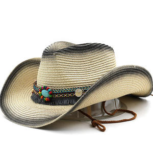 Chapeau de cowboy occidental vintage bohème en paille turquoise perlée, style décontracté pour femme, idéal pour l'été et la plage - Product Image 3