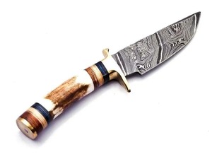 มีดสกินเนอร์เหล็กดามัสกัสแบบสั่งทำพิเศษ ด้ามเขาสัตว์ ใบมีดแบบ Fixed Blade ปลายแหลมตรง พร้อมปลอกหนัง - Product Image 5