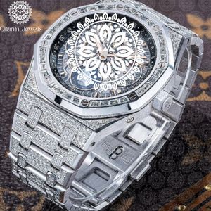 Charm Jewells Men's Luxury Stainless Steel <b>Mechanical</b> <b>Watch</b> Polygon Case Analog Dial Diamond Encrusted Bracelet 43mm - Product Image 3