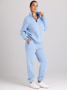 Ensemble de survêtement bleu clair pour femme, 2 pièces, pull à manches longues avec demi-fermeture éclair et pantalon de survêtement ample avec poches, respirant - Product Image 6
