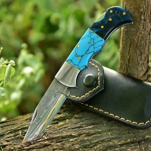 Cuchillo de Caza de Acero de Damasco con Hoja Recta y Mango Azul, Grosor de 0.6mm, Cuchillo Plegable de Bolsillo - Product Image 6