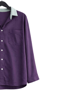 Conjunto de pijama de lino y algodón para mujer, color morado, camisa con botones y bolsillo en el pecho y pantalones con cordón, conjunto de ropa de dormir informal - Product Image 4