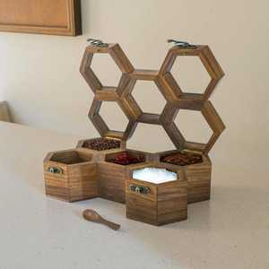 Hand Crafted Wooden Spice <b>Box</b> and Spoon, Masala <b>Box</b>, Spice Container, Salt <b>Box</b>, Dry Fruit <b>Box</b> Lid in Honeycomb - Product Image 2