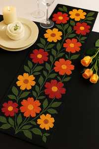 Handmade Beaded Floral Table <b>Runner</b> Rectangle Fabric Bohemian Design Black with <b>Red</b> Orange Yellow Flowers - Product Image 4
