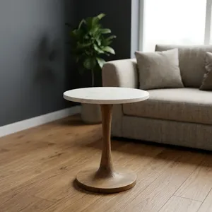 Modern Round Marble Top Coffee <b>Table</b> with Wooden Base Handmade Living Room Furniture - Product Image 4