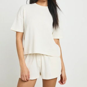 Hot Sell Plain Sexy Casual Summer 2 Piece Loose Custom Embroidery Breathable Waffle <b>Knit</b> Thermal Tee Shorts Loungewear Women <b>Set</b> - Product Image 1