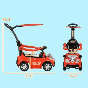 Passeggino scorrevole 3 in 1 con barriera di sicurezza rossa, maniglia rimovibile, corno musicale e tettuccio per passeggini e giocattoli da trainare - Product Image 3