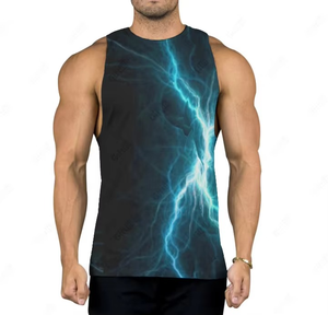 Camiseta sin mangas de poliéster tejida con estampado de rayos, cuello redondo, informal, talla grande para hombre - Product Image 2