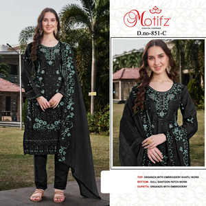 Elegante conjunto de shalwar kameez con bordado khatli en la parte inferior de santoon y dupatta de organza para fiestas, para mujer. - Product Image 1