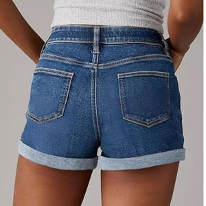Shorts en jean taille haute pour femme, ourlet retroussé, couleur unie, décontracté, pour l'été, avec poches, coupe classique, bleu - Product Image 3