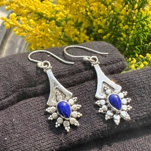 Boucles d'oreilles pendantes en lapis-lazuli faites à la main, argent sterling 925, pierres précieuses naturelles, bijoux cadeau pour femmes - Product Image 2