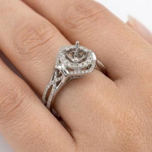 Bague de fiançailles semi-montée en or blanc 18 carats de qualité supérieure, double halo, avec micro-pavé de diamants, à tige fendue ronde, cadeau d'anniversaire - Product Image 4