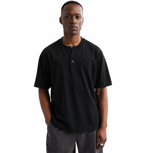 2026 Black Short Sleeve <b>Henley</b> T-<b>Shirt</b> Regular Fit Casual Style 100% Cotton Jersey Fabric O-Neck Design - Product Image 1