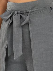 Pantalones de Cintura Alta y Pierna Ancha con Cierre de Lazo, Color Gris Sólido, Corte Holgado, Largos, Casuales, para Mujer, Estilo Primavera - Product Image 3
