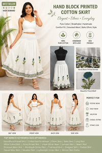 Falda larga de algodón floral verde azulado al por mayor, con cintura fruncida, estilo bohemio casual, estampado a mano, de la India - Product Image 4