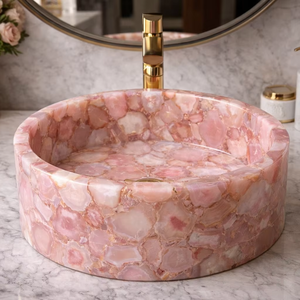 Luxury Pink Agate Stone Vessel Sink Natural Semi Precious Stone Bathroom <b>Basin</b> Handmade Pink Stone Countertop Sink Interior Deco - Product Image 1