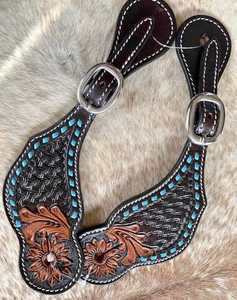 Éperons de botte en cuir pour cheval avec décorations florales marron et surpiqûres bleues pour l'équitation western, taille personnalisée, modèle LC-359, finition premium - Product Image 1