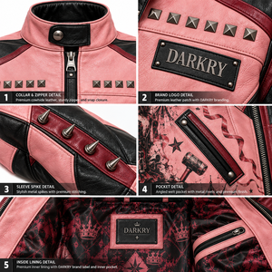 <b>Women</b> Pink Black Leather <b>Jacket</b> Custom Clown Graphic Print Metal Studded Spiked Bomber Coat OEM ODM Made To Order Supplier - Product Image 6