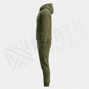 Ensemble de survêtement décontracté pour homme vert olive à capuche, manches longues, couleur unie, avec cordon de serrage et côtés zippés - Product Image 3