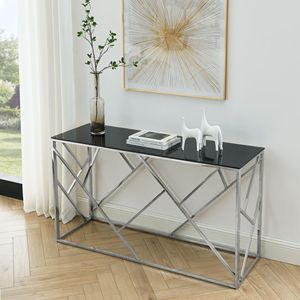 55\" Modern Gold <b>Sofa</b> <b>Table</b> with Sturdy Metal Frame & <b>Black</b> Tempered Glass Top Console <b>Tables</b> for Living Room Entryway - Product Image 1