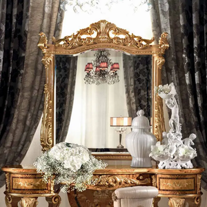 Tocador de Lujo Clásico Real Estilo Victoriano de Caoba Maciza Tallada a Mano con Espejo Dorado para Dormitorio Principal o Villa - Product Image 2